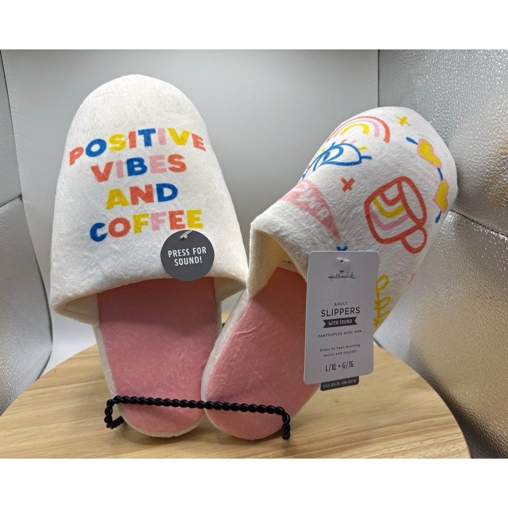 Hallmark Positive Vibes and Coffee Women Slippers L/XL Size 10 Slip-On Sound NEW